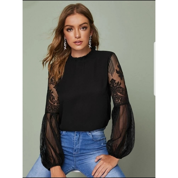 SHEIN Tops - Frilled Neck Lace Sheer Sleeve Top